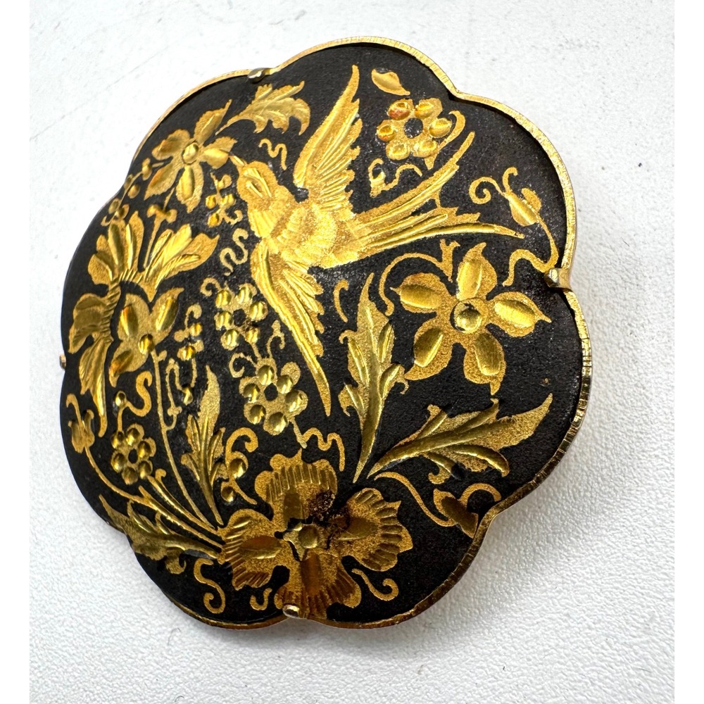 Vintage Spanish Damascene Bird and Floral Brooch Gold Inlay Scalloped Round Pin - Picture 3 of 6